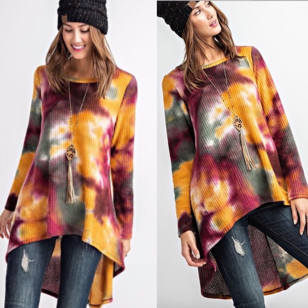 NWT Boutique Tie Dye Waffle Hi-Lo Knit Top S - 3XL - Picture 6 of 7